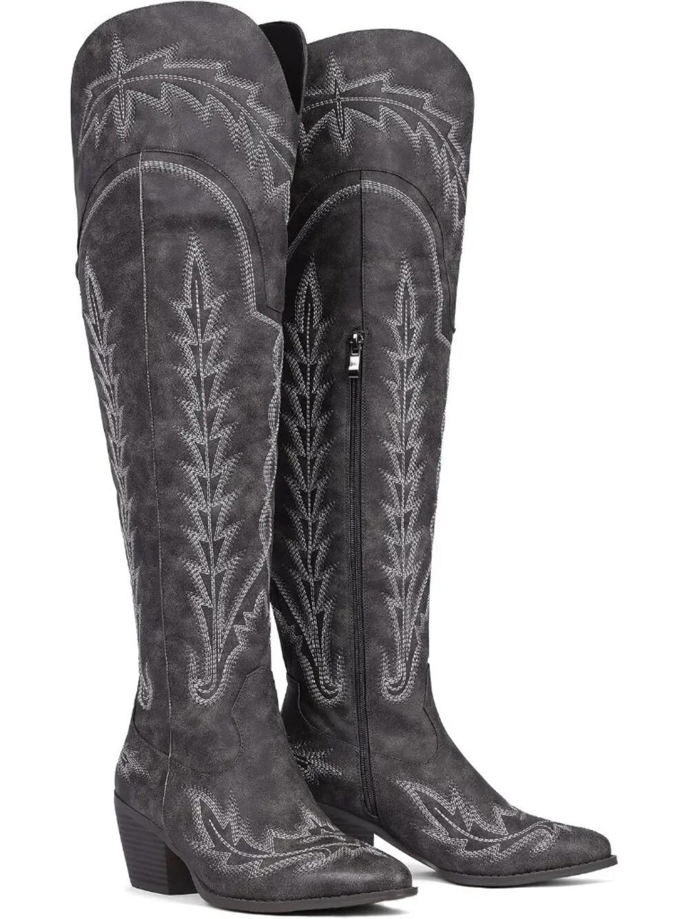 Women's Black Pointed Toe Side ZIP Embroidered Wide Calf Knee High Western Boots